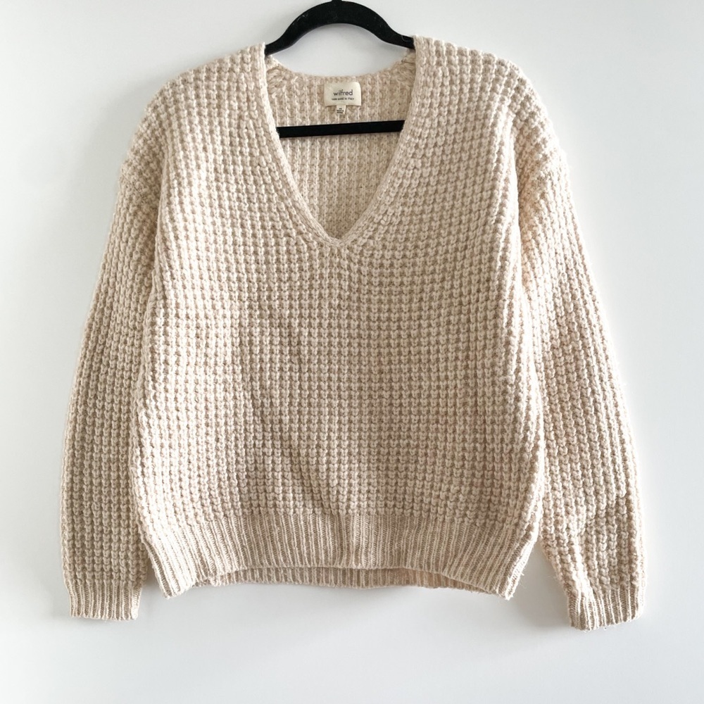 Aritzia Beige V-Neck Knit Sweater